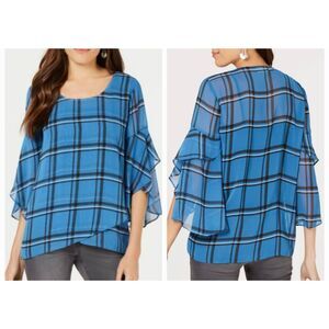 Style & Co Blue Mod Plaid Crossover Top Sheer Layered Sz L New